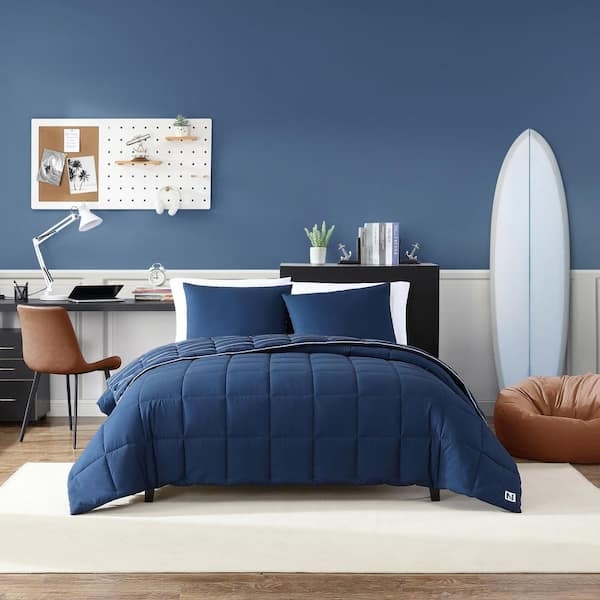 Comforter Set Nautical Navy Blue Stripes Microfiber Texture