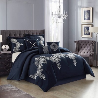 Comforter Set Navy and White Geometric Print with Trellis Pattern