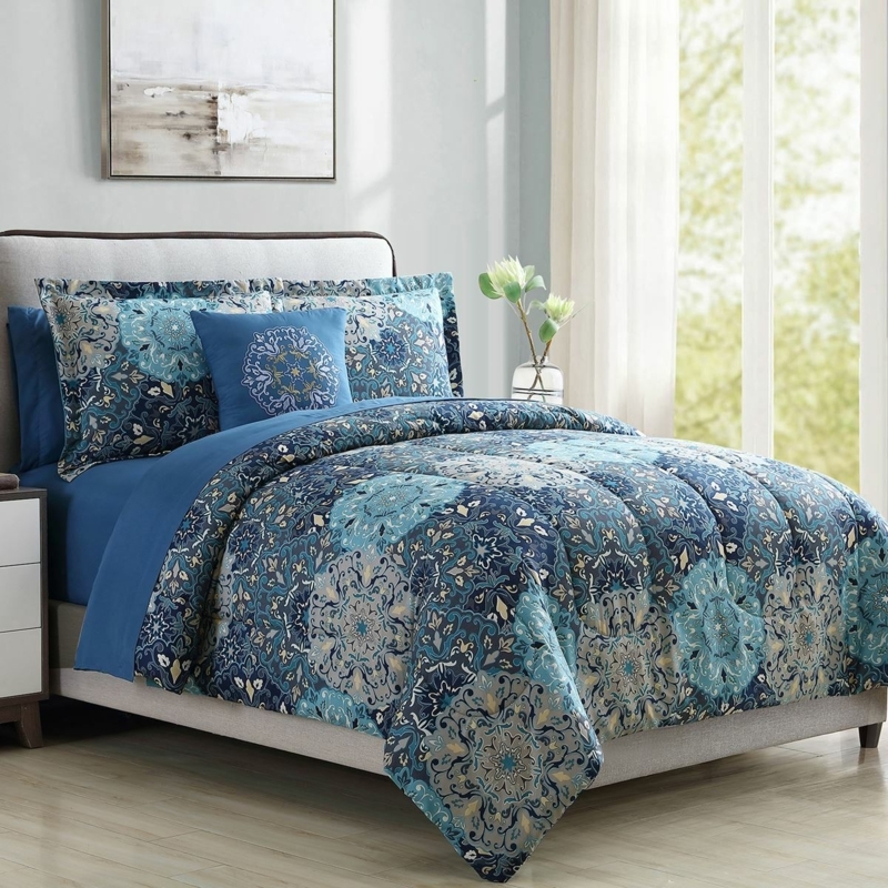 Comforter Set Navy Blue Gray Medallion Pattern Transitional