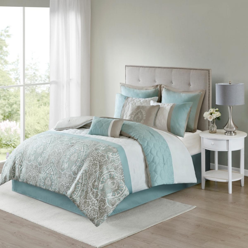 Comforter Set Navy Blue Grey Geometric Embroidery Pleated Accents