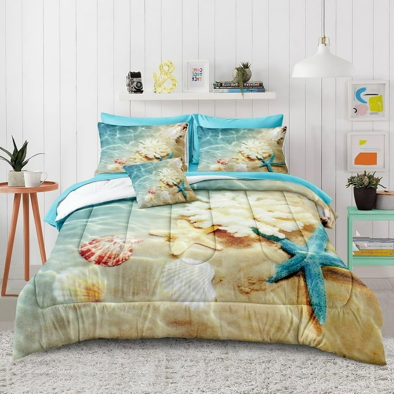 Comforter Set Navy Blue Nautical Icons with Striped Trim Cozy Bedding
