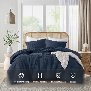 Comforter Set: Navy Blue Pinch Pleat Texture, Transitional Style