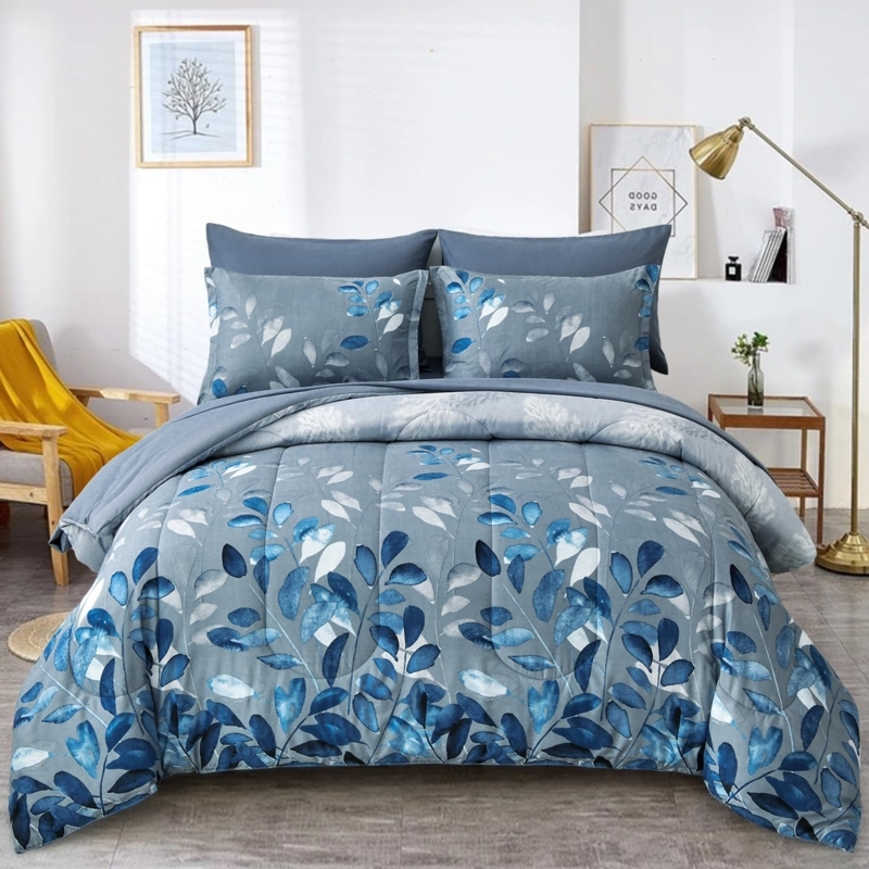 Comforter Set Navy Botanical Leaf Bedding Gradient Print 7 Piece