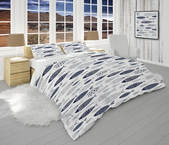 Comforter Set Navy Fish Motif Illustrated Nautical Lake House