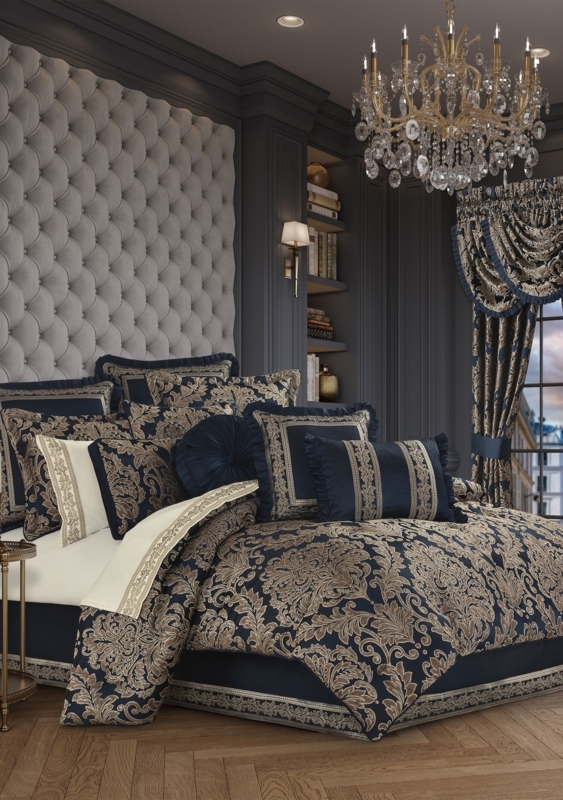 Comforter Set Navy Gold Damask Large Scale Medallion Luxurious