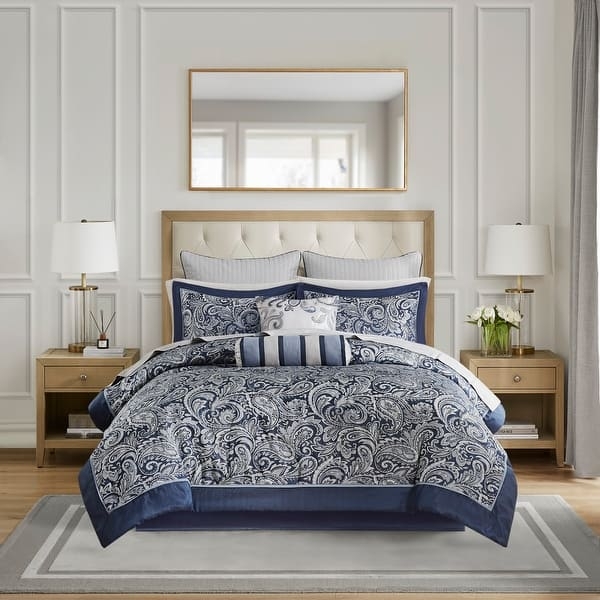 Comforter Set Navy Gold Damask Pattern Traditional 12 Piece Elegant