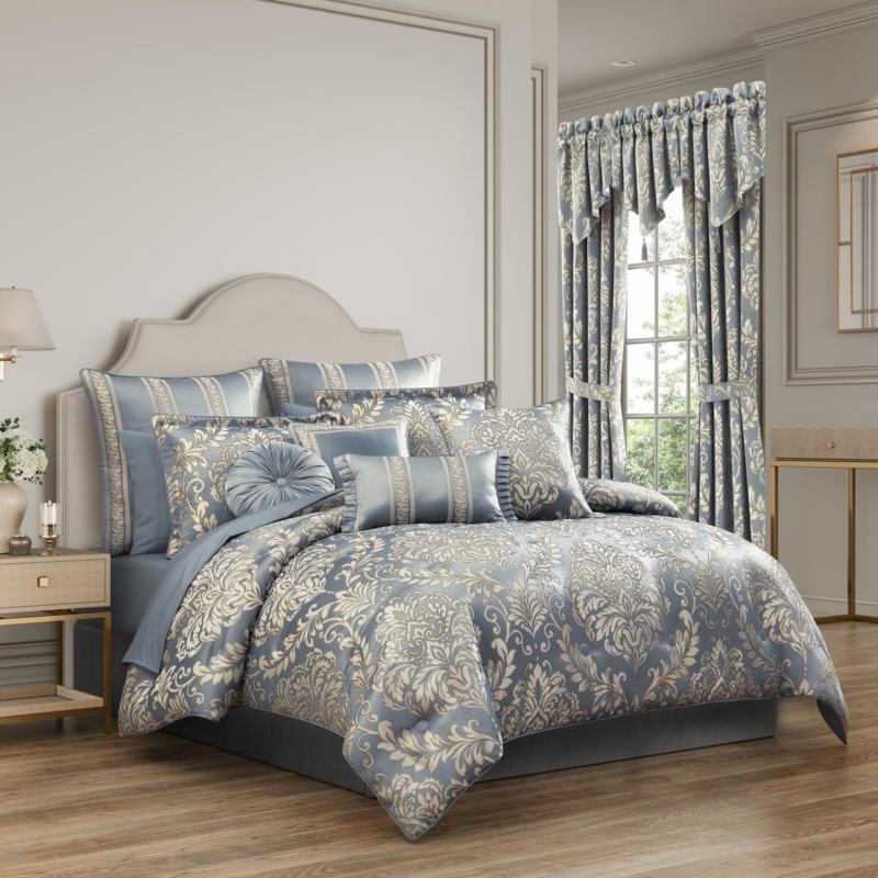Comforter Set Navy Medallion Pattern Damask Print Traditional Style