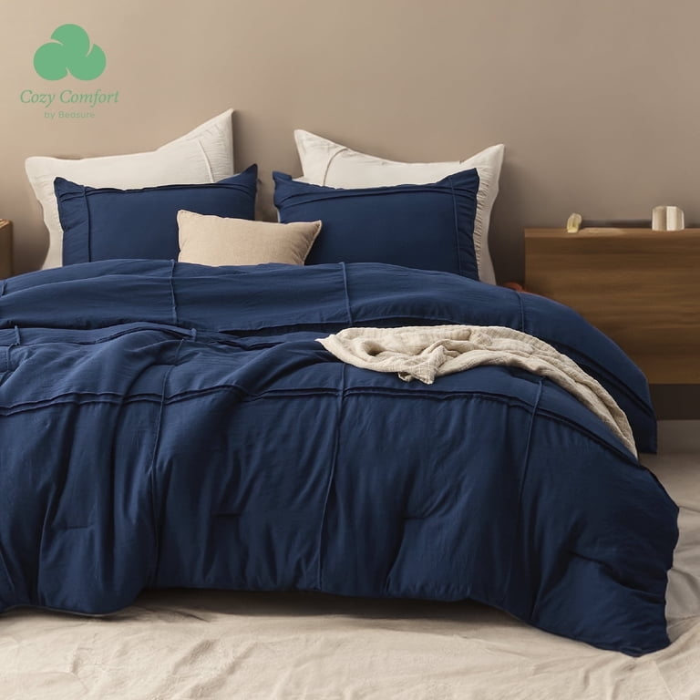 Comforter Set Navy Pinch Pleat with Pintuck Grid Pattern Boho Style