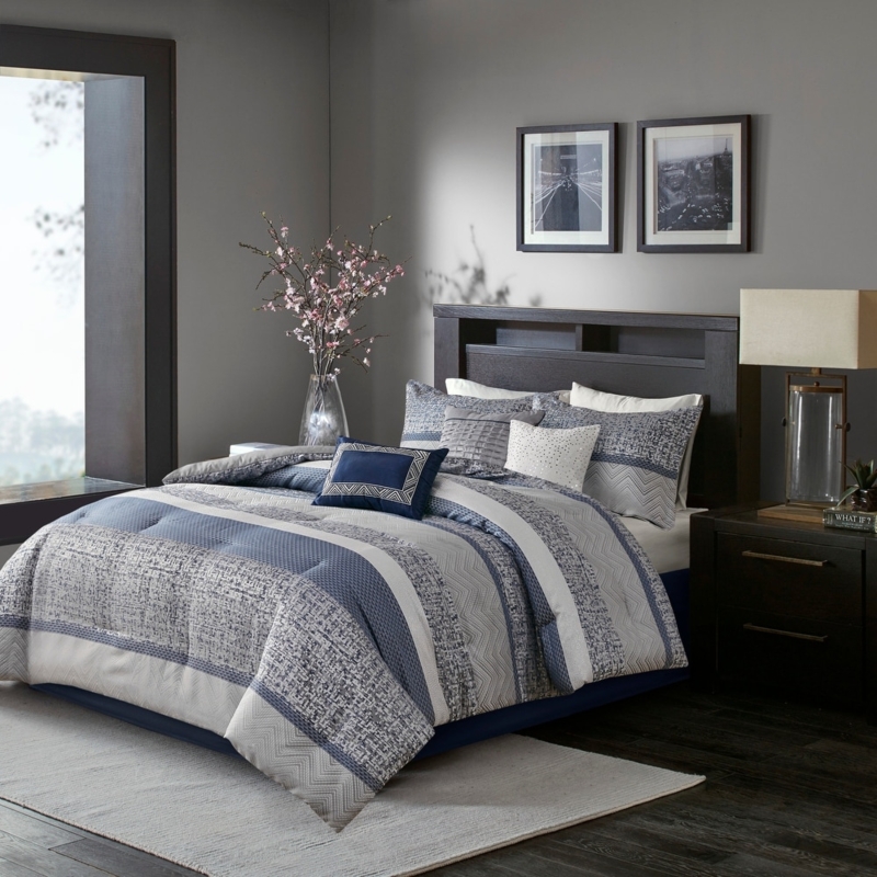 Comforter Set Navy Taupe Scrolling Jacquard Transitional