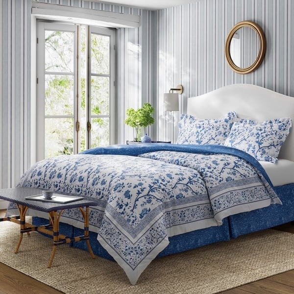 Comforter Set Navy White Botanical Floral Print Reversible Cotton