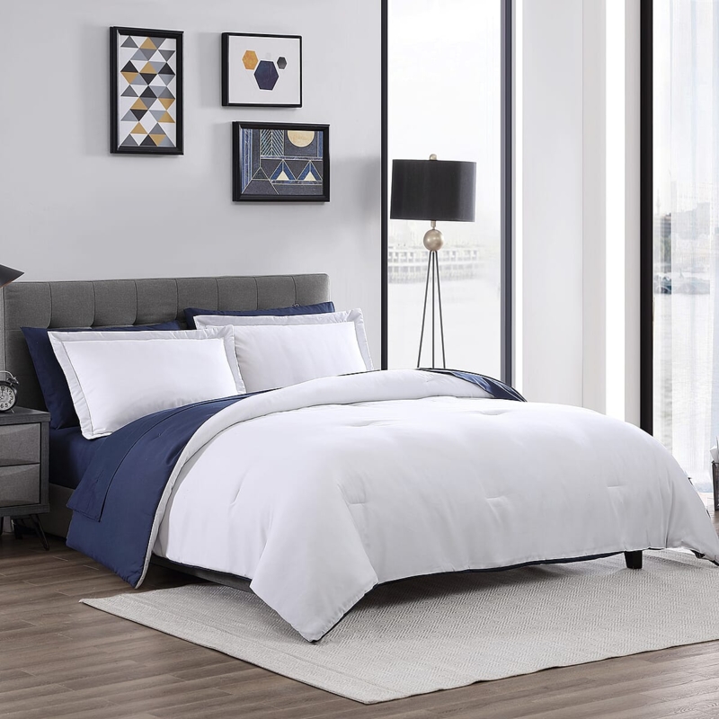 Comforter Set Navy White Diamond Quilting Reversible Contrast Piping