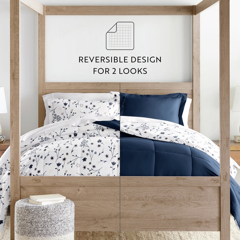 Comforter Set Navy White Reversible Botanical Farmhouse