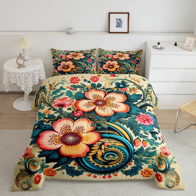 Comforter Set Neon Floral on Black Oversized Botanical Print Vibrant Boho