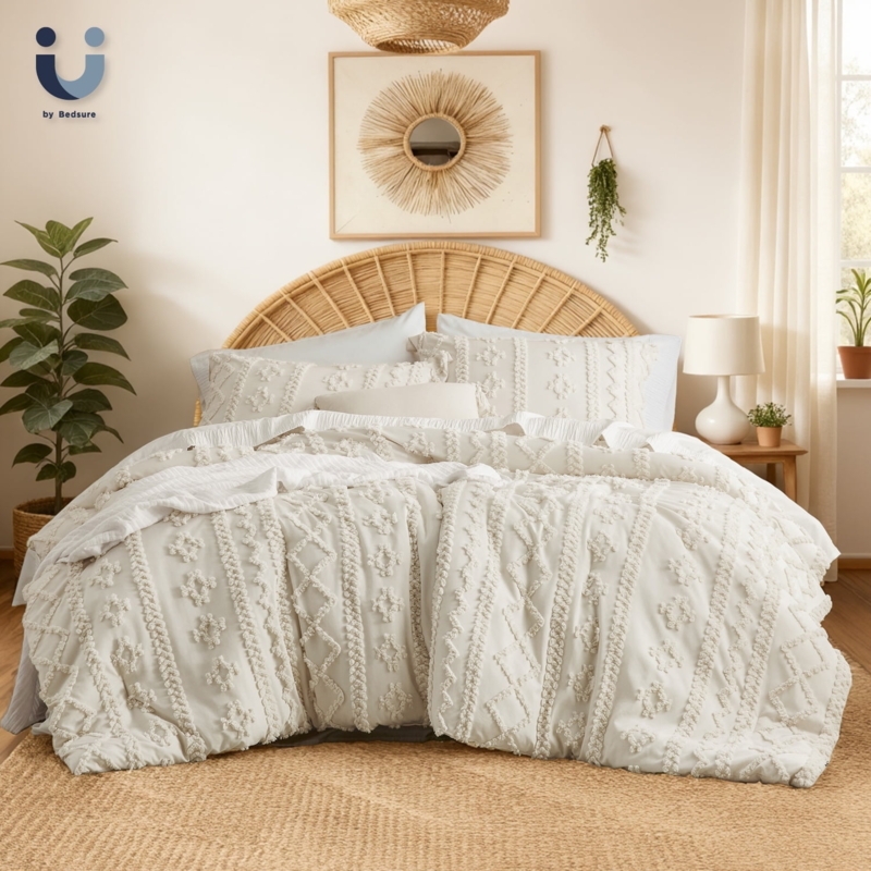 Comforter Set Oat Milk Shaggy Geometric Tufting Farmhouse Boho