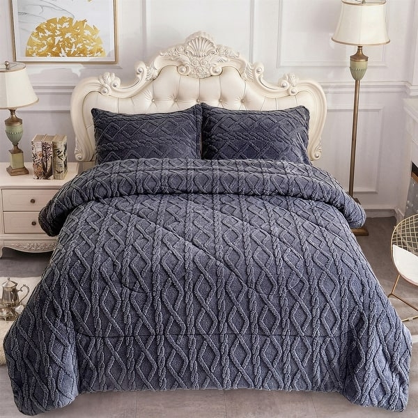 Comforter Set Off-White Sherpa Fleece Texture Cozy Bedding