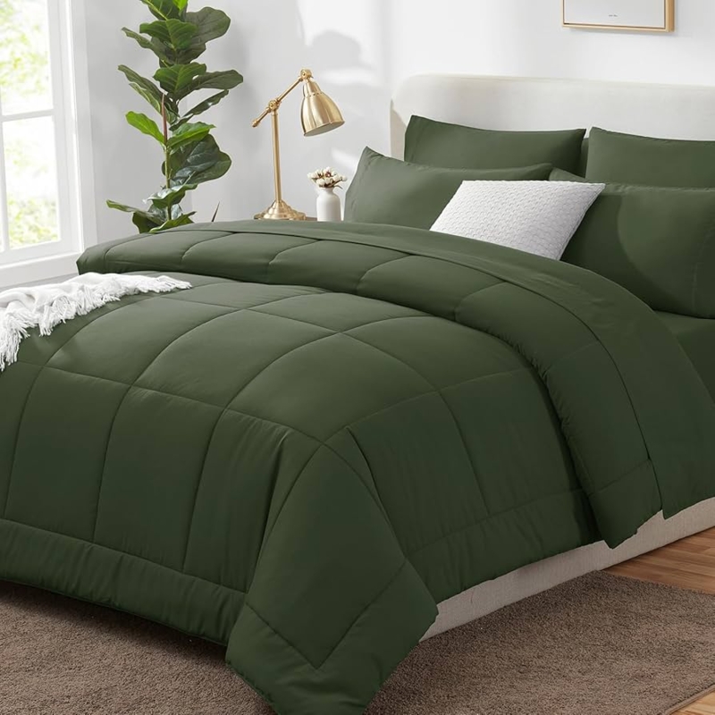 Comforter Set Olive Green Box Stitch Quilting Scandinavian Style