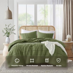 Comforter Set: Olive Green Pinch Pleat Grid Pattern, Earthy Transitional