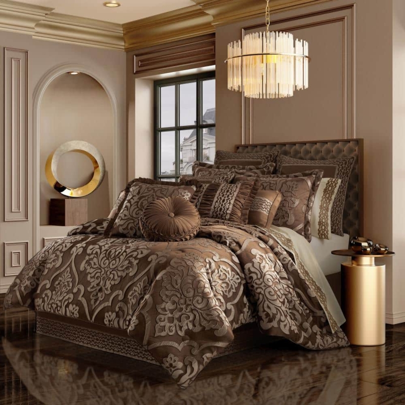 Comforter Set Opulent Copper Damask Jacquard Pleated Border Traditional