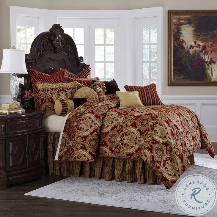 Comforter Set Ornate Red and Gold Damask 13-Piece Traditional Ensemble