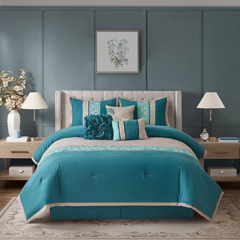 Comforter Set Oversized Teal Floral Print Grey Traditional