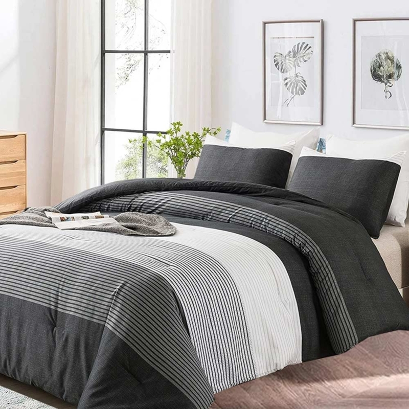 Comforter Set Patchwork Grey Black Striped Reversible