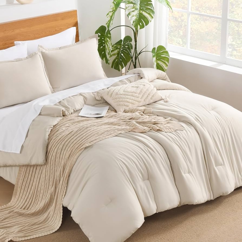 Comforter Set Pinch Pleats Modern Farmhouse Textured Neutral Beige