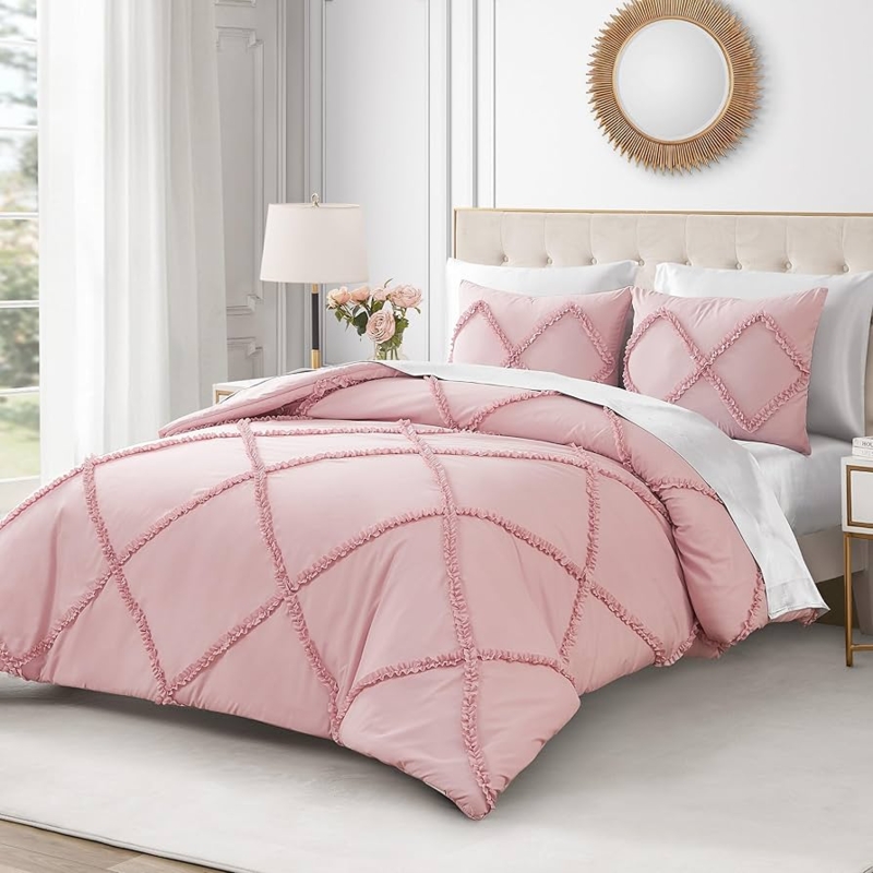Comforter Set Pink Ruffled Trim Diamond Quilting Shabby Chic