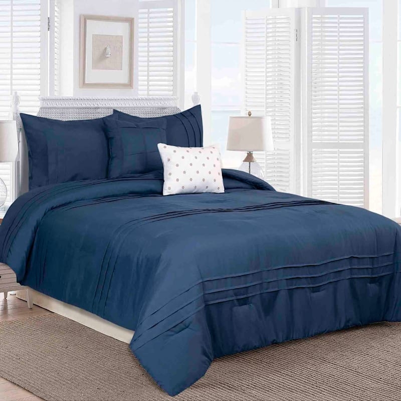 Comforter Set Pintuck Texture Navy Blue Geometric Pleated Style