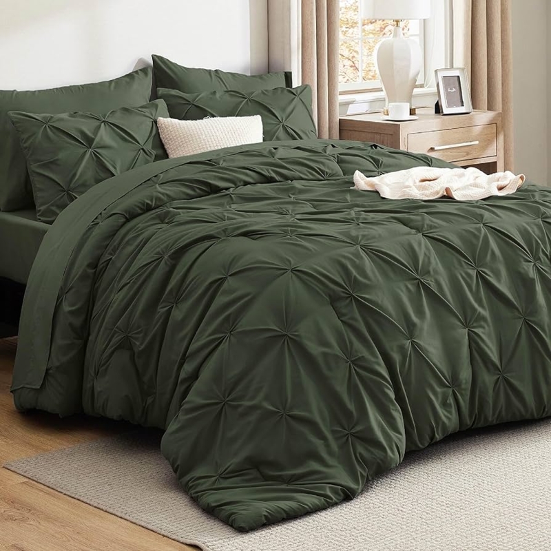 Comforter Set Pintuck Texture Olive Green Modern Farmhouse Decor
