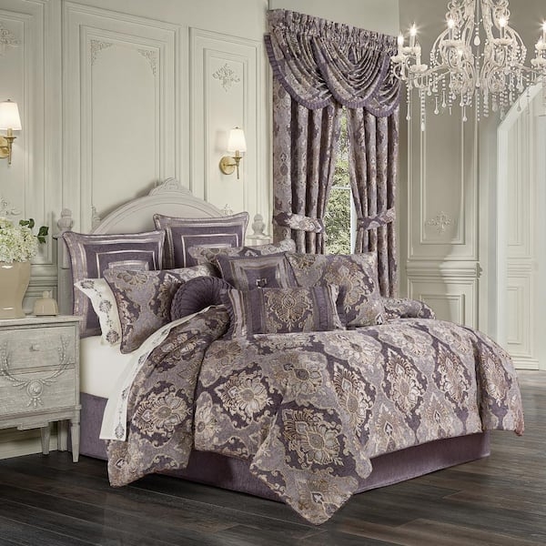 Comforter Set Pleated Accents Lavender Damask Traditional