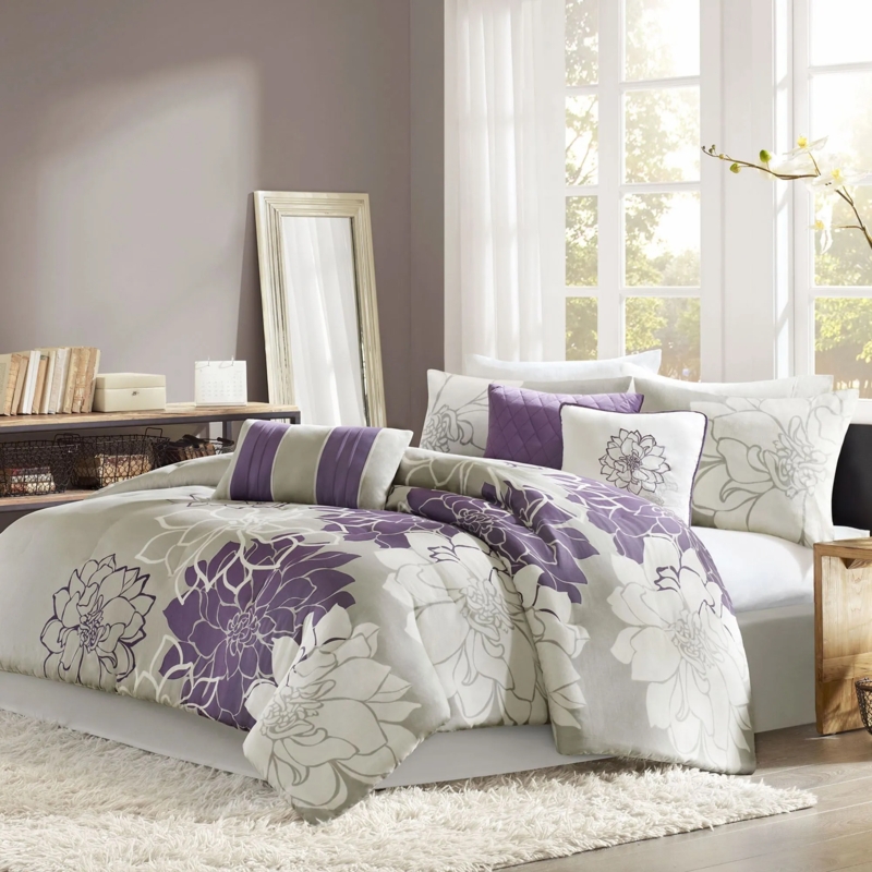 Comforter Set Plum Floral Botanical Print on Wingback Bed