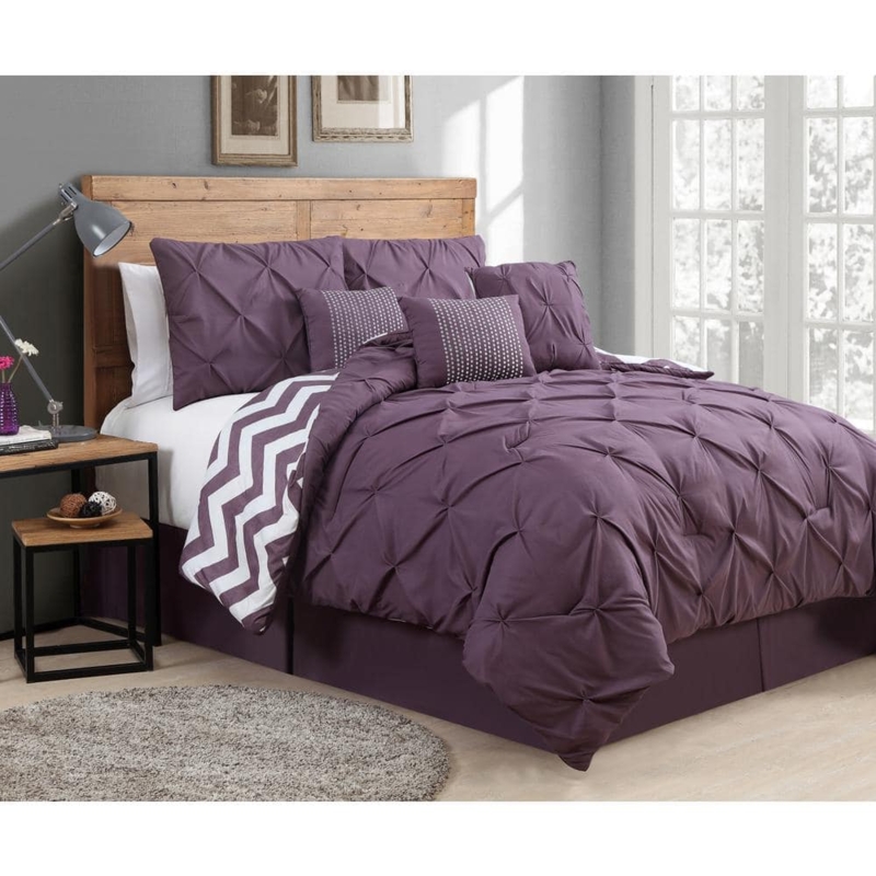 Comforter Set Plum Pintuck with Tufted Headboard Styling