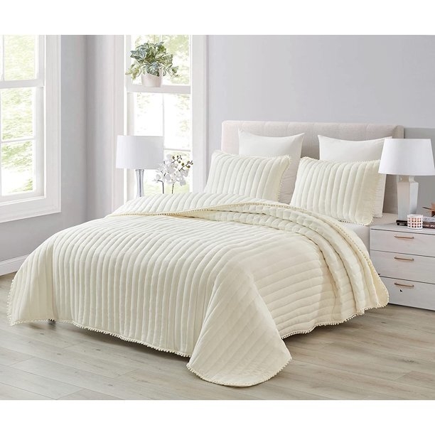 Comforter Set Pom Pom Fringe Scandi Boho Minimalist Ivory Bedding