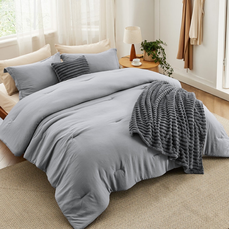 Comforter Set Pom Pom Trim Tonal Layering Waffle Weave Boho Bedding
