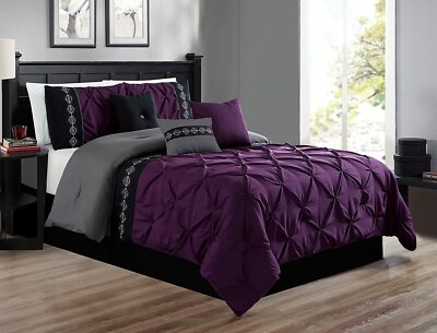 Comforter Set Purple Black Gray Striped Pintuck 7-Piece Bedding