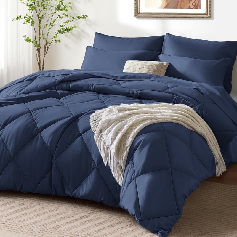 Comforter Set Quilted Linear Texture Transitional Navy Palette