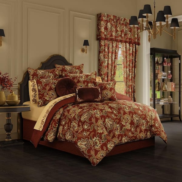 Comforter Set Red Damask Pattern Ruffled Skirt Corded Trim