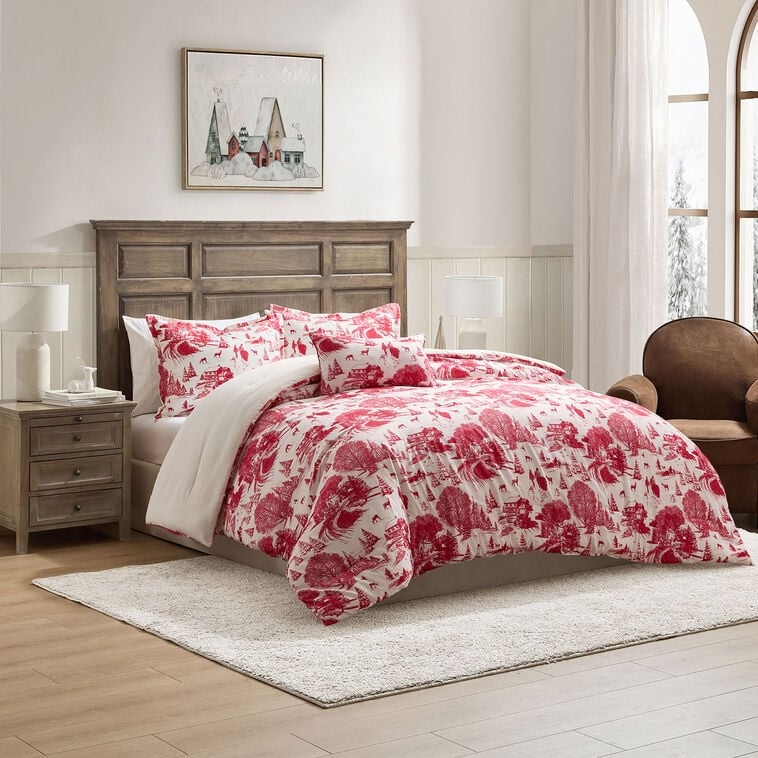 Comforter Set Red Toile Pattern Traditional Holiday Bedding