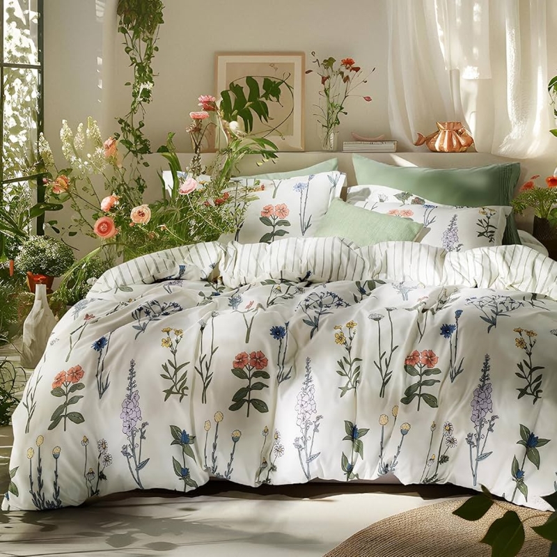 Comforter Set Reversible Botanical Floral Print Airy Cottagecore Bedroom