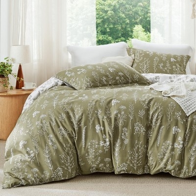 Comforter Set Reversible Botanical Floral Print Olive Green Calming Layout