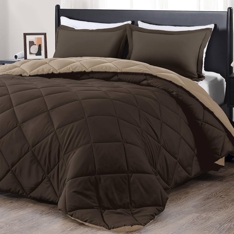 Comforter Set Reversible Design Box Stitch Quilting Brown Tan Bedding