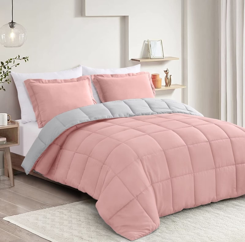 Comforter Set: Reversible Pink and Grey, Box Stitch, Contemporary Style