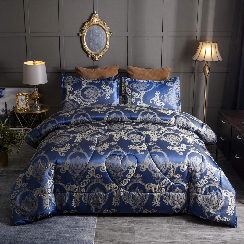 Comforter Set Royal Blue Jacquard Geometric Quilted Glam Style