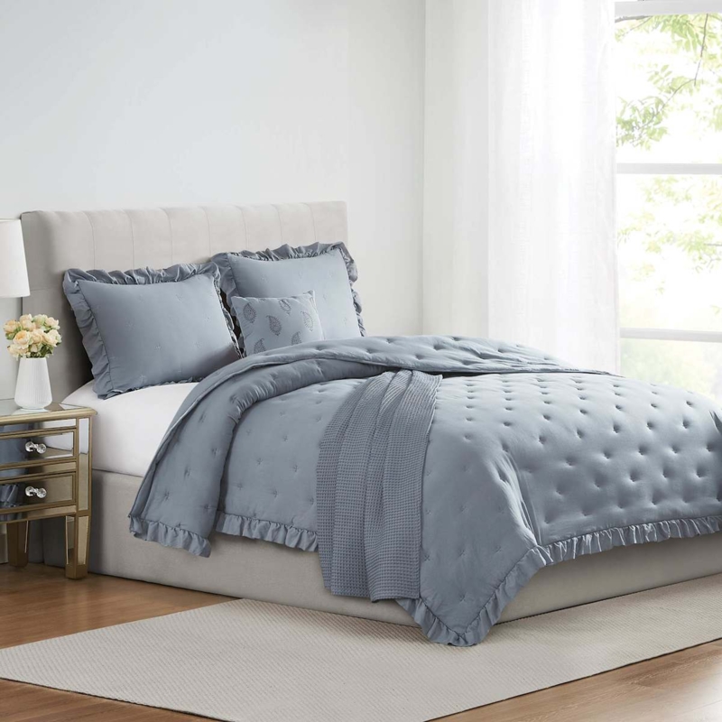 Comforter Set Ruffle Trim Garment Washed Light Blue Cottagecore