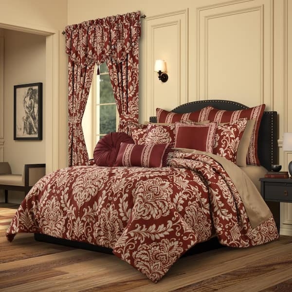 Comforter Set Ruffled Shams Red Gold Damask Traditional