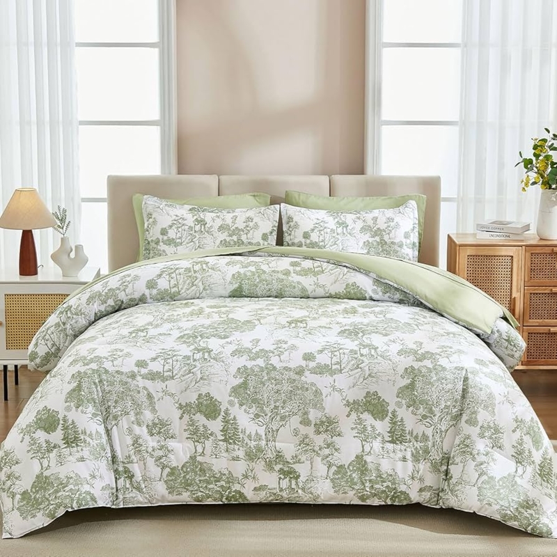 Comforter Set Sage Green Botanical Print Nature Inspired Bedding Sets
