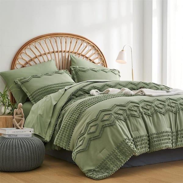 Comforter Set Sage Green Linear Quilting Mid Century Modern Style