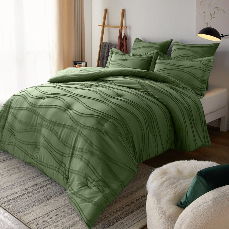 Comforter Set Sage Green Tufted Embroidery Geometric Pattern Cozy