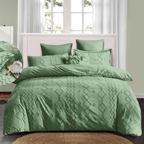 Comforter Set Sage Green Tufted Geometric Stripes Boho Chic