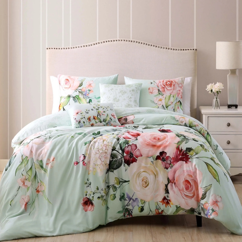 Comforter Set Scalloped Edge Detail Misty Green Floral Print Cottagecore